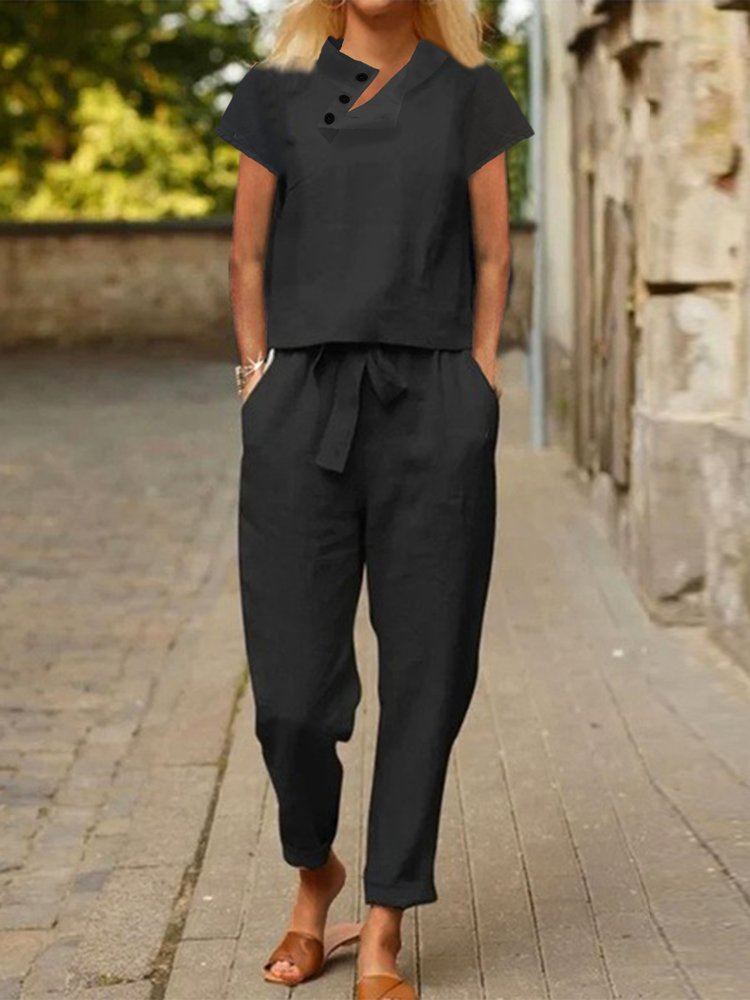 Ensemble deux pièces décontracté à manches courtes et col asymétrique avec lacets et poches et pantalon QF116
