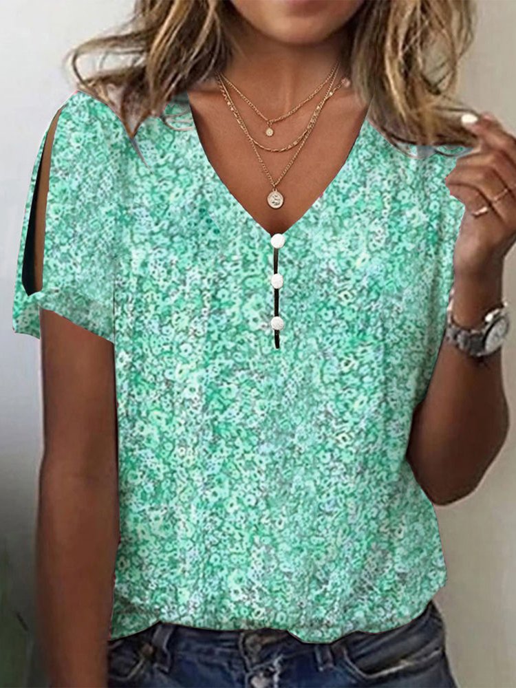 V Neck Floral Buttoned Elegant T-Shirt AH269