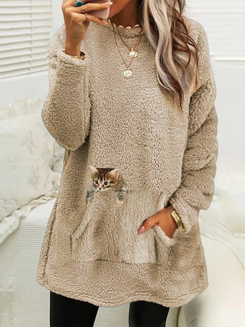 Plush Crew Neck Casual Cat Thermal Dress DK1037