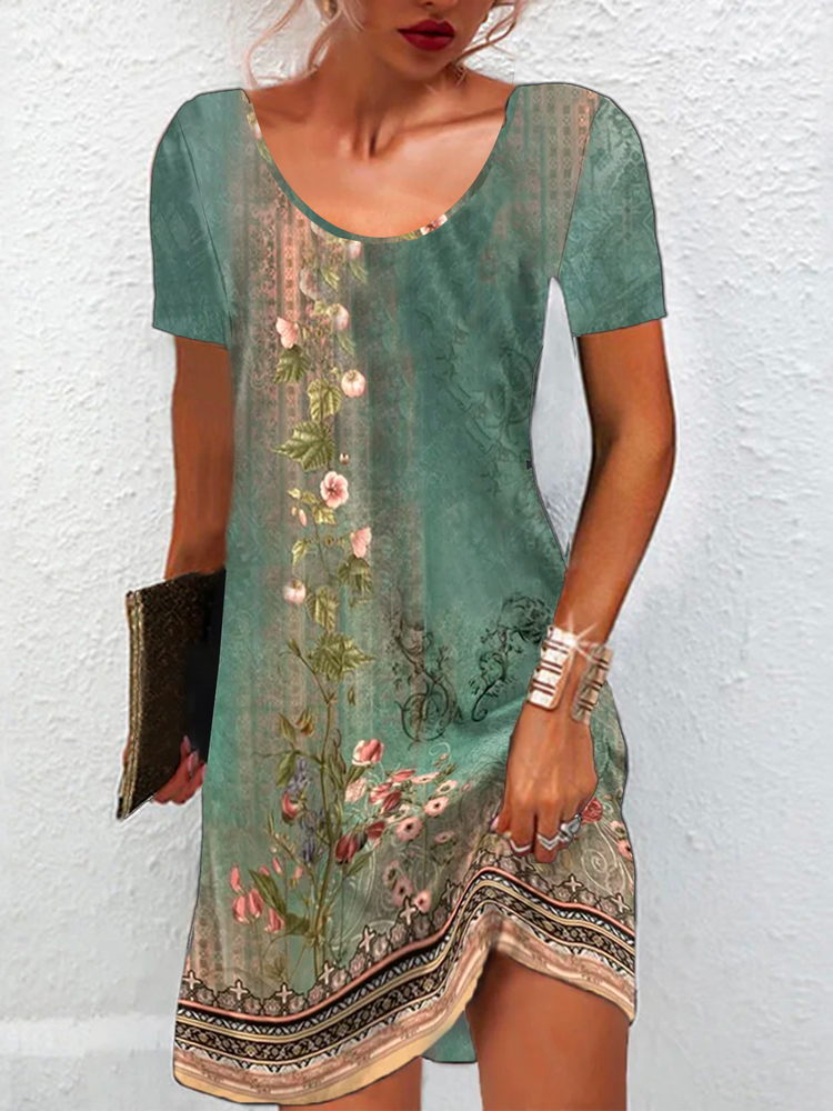 Crew Neck Loose Floral Casual Dress QU67