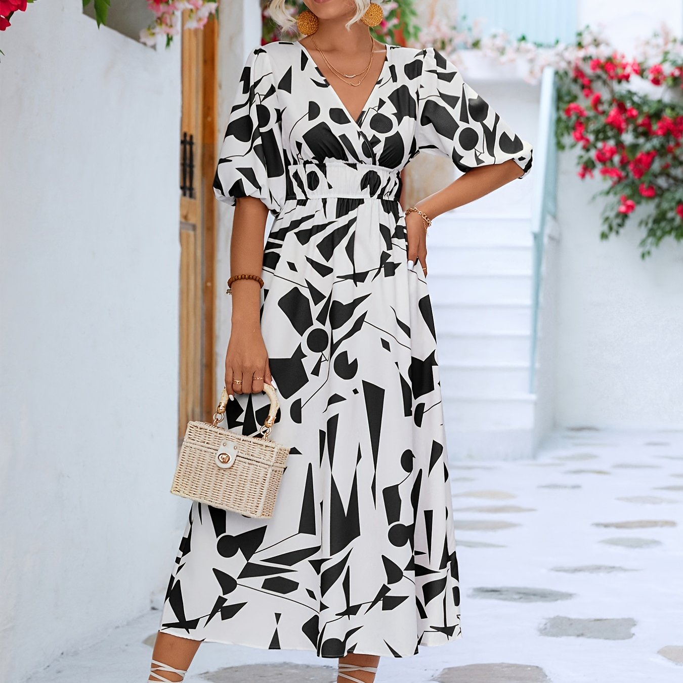 Kleid mit Puffärmeln und geometrischem Print, Kurzarmkleid mit V-Ausschnitt, lässiges Alltagskleid, Damenkleidung AE109