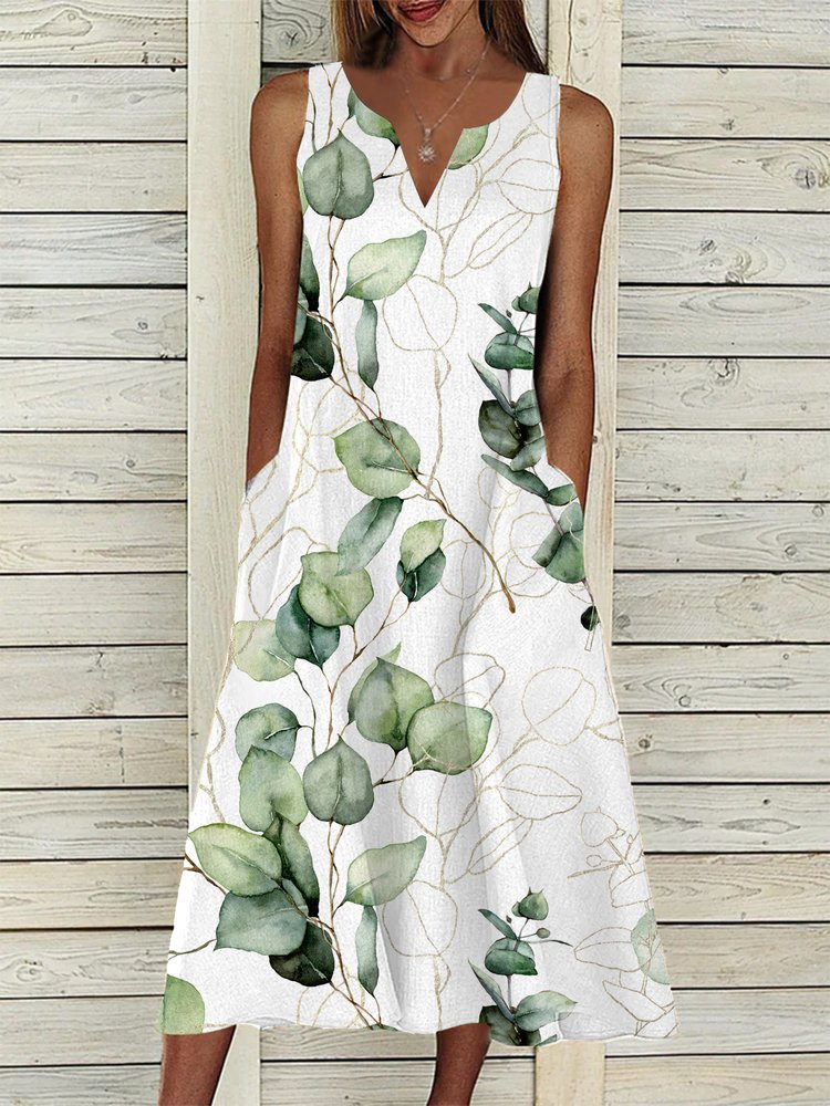 Leaf Loose Casual V Neck Dress QM86