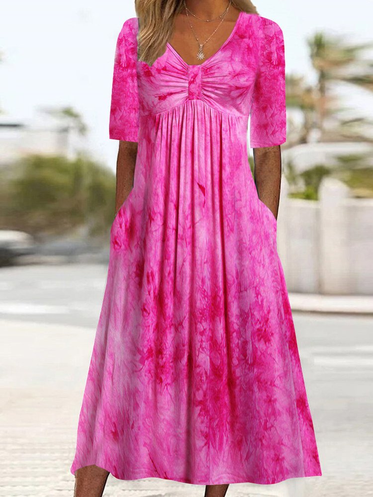 Robe de vacances ample à col en V et teinture par nouage pour femme QY55