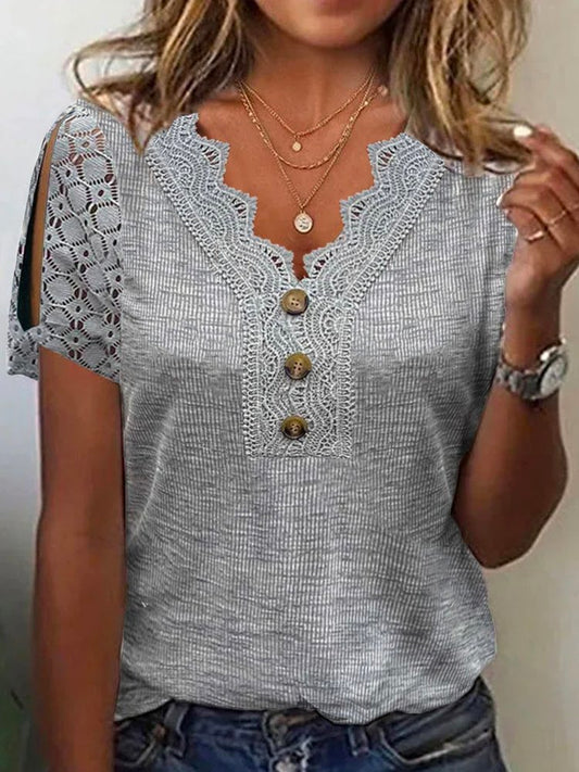 V Neck Plain Casual Buttoned Shirt  QX73