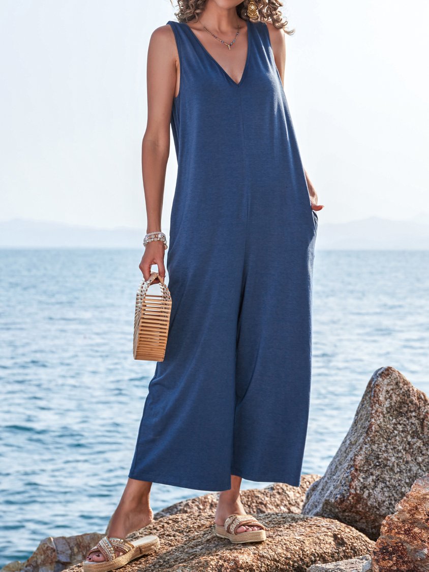 Ärmelloser, einfarbiger Shift-Jumpsuit und Strampler aus Baumwollmischung QAJ48