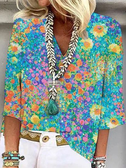 V Neck Vacation Floral Loose Shirt AC10017