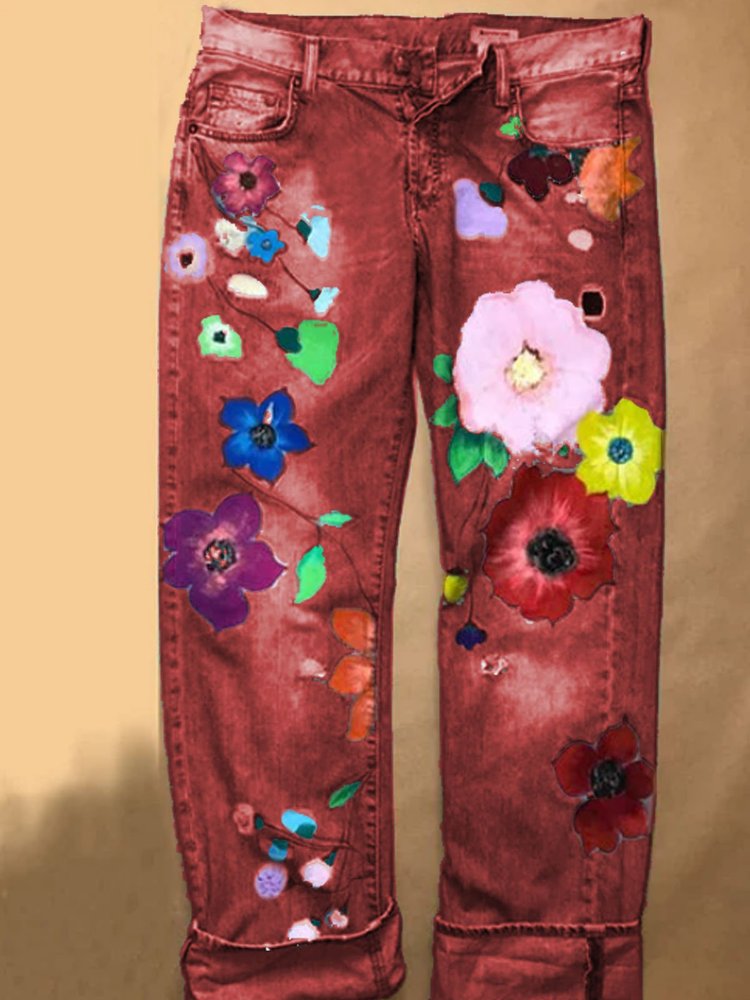 Fashion Denim Floral Casual Jeans QS91