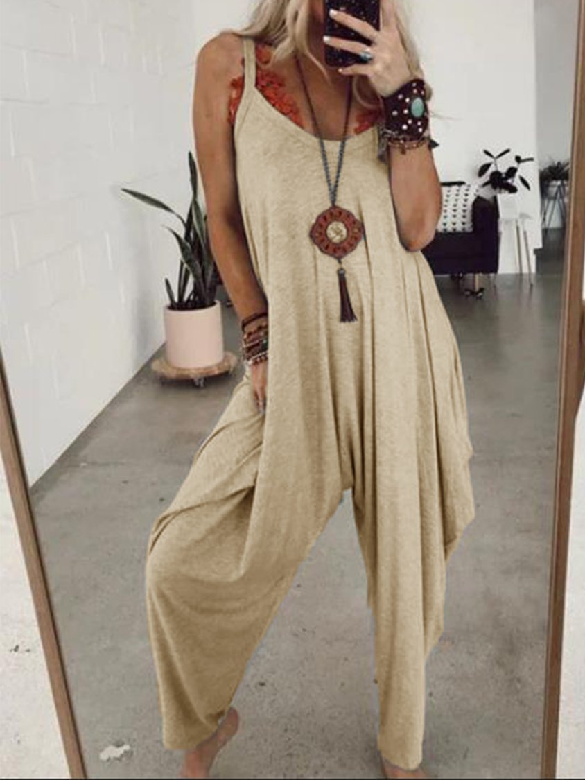 Gray Sleeveless Solid Round Neck Casual Jumpsuits QAJ10