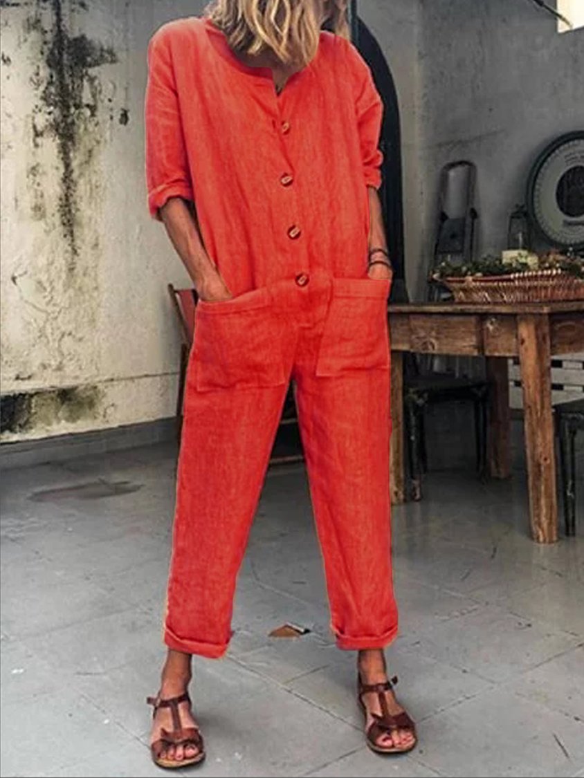 Orange Buttoned Solid Casual Long Sleeve Jumpsuits FE1003