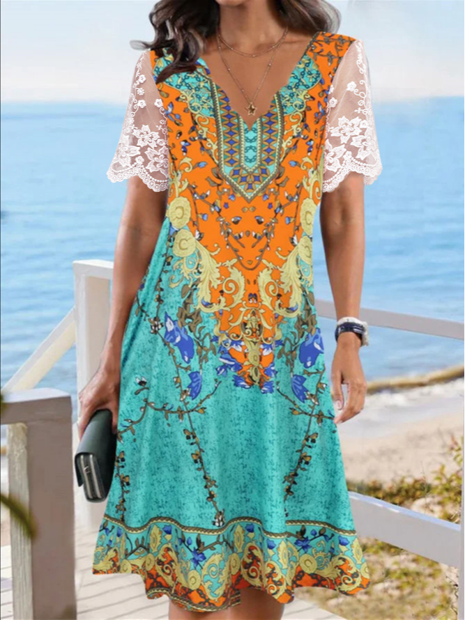 Casual V Neck Lace Dress QU116