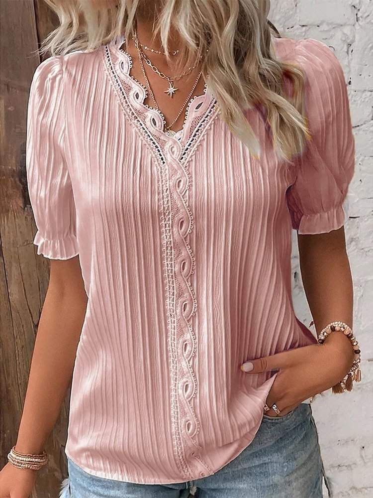 V Neck Plain Lace Elegant Shirt mm241