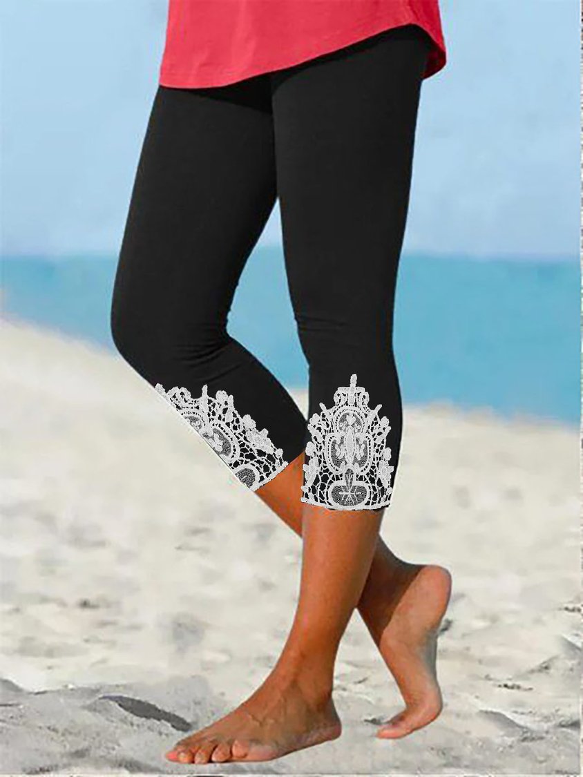 Pantalon court slim à empiècements en dentelle pour femme BB107