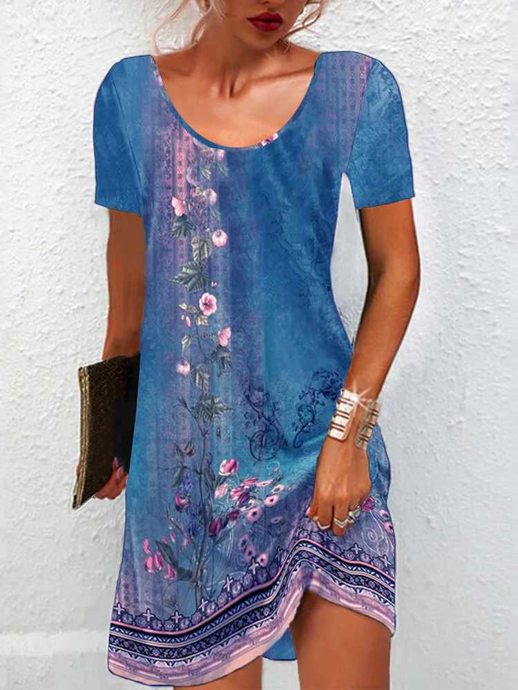 Crew Neck Loose Floral Casual Dress QU67