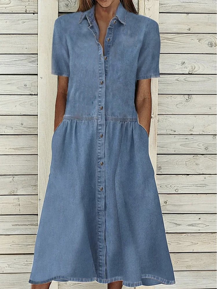Solid Casual Denim Lapel Short Sleeve Woven Dress AD772