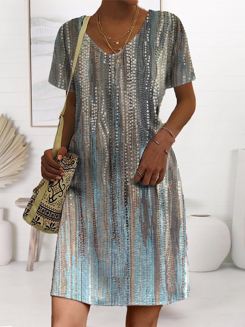 Lässiges Sommerkleid mit V-Ausschnitt und abstraktem Ombre-Muster RR29