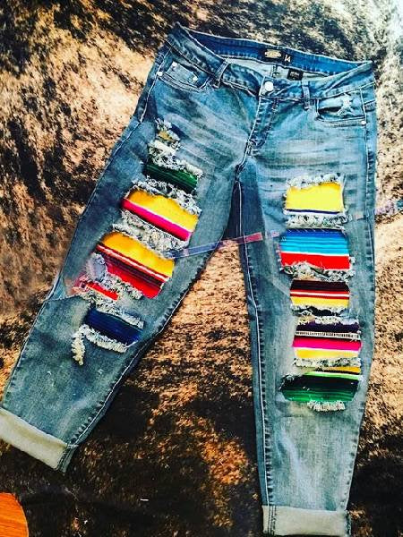 Blue Boho Stripes Ripped Denim Jeans BB16
