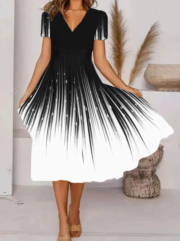 V Neck Casual Abstract Printed Short Sleeve Dress QA48