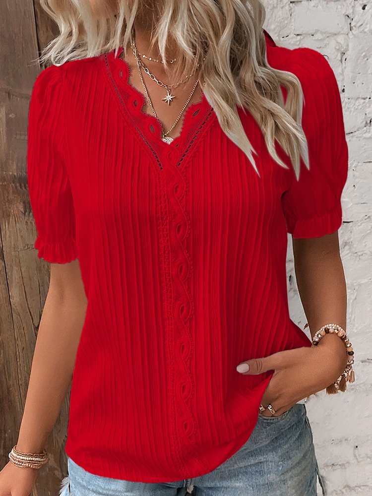 V Neck Plain Lace Elegant Shirt mm241