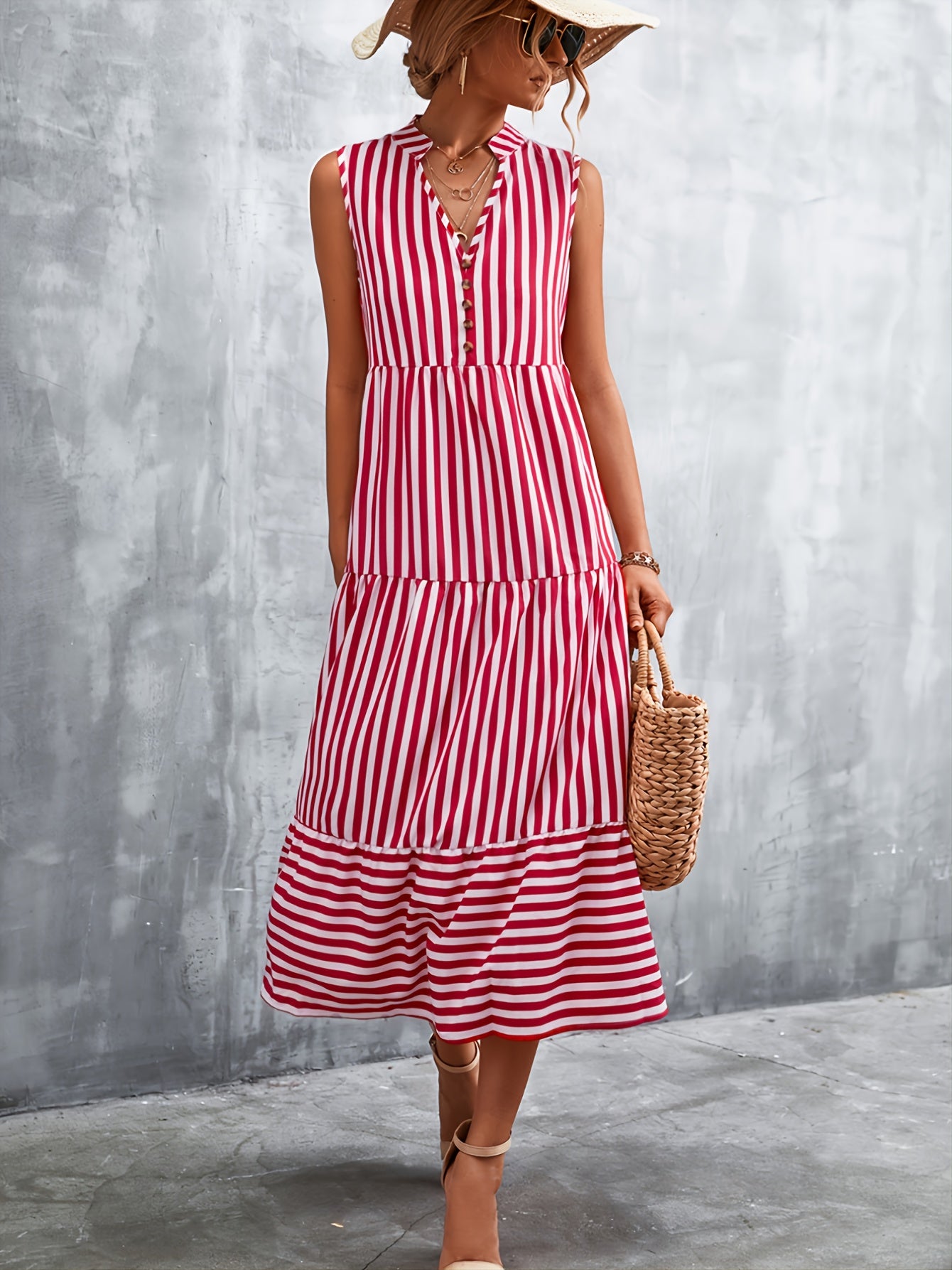 Damen Kleider V-Ausschnitt Gestreift Knopf Elegantes Kleid AE1014