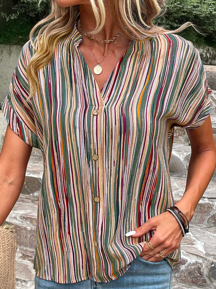 V Neck Loose Casual Cotton Button Striped Green V Neck Blouse WS62