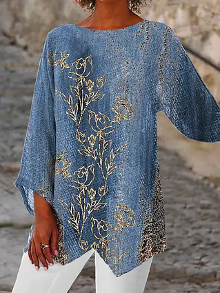 Color Block Casual Loose Crew Neck Floral Top ap73