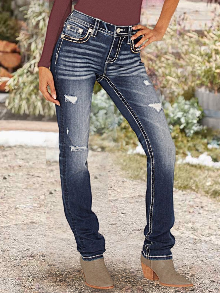 Denim Boho Loose Plain Jeans WK62