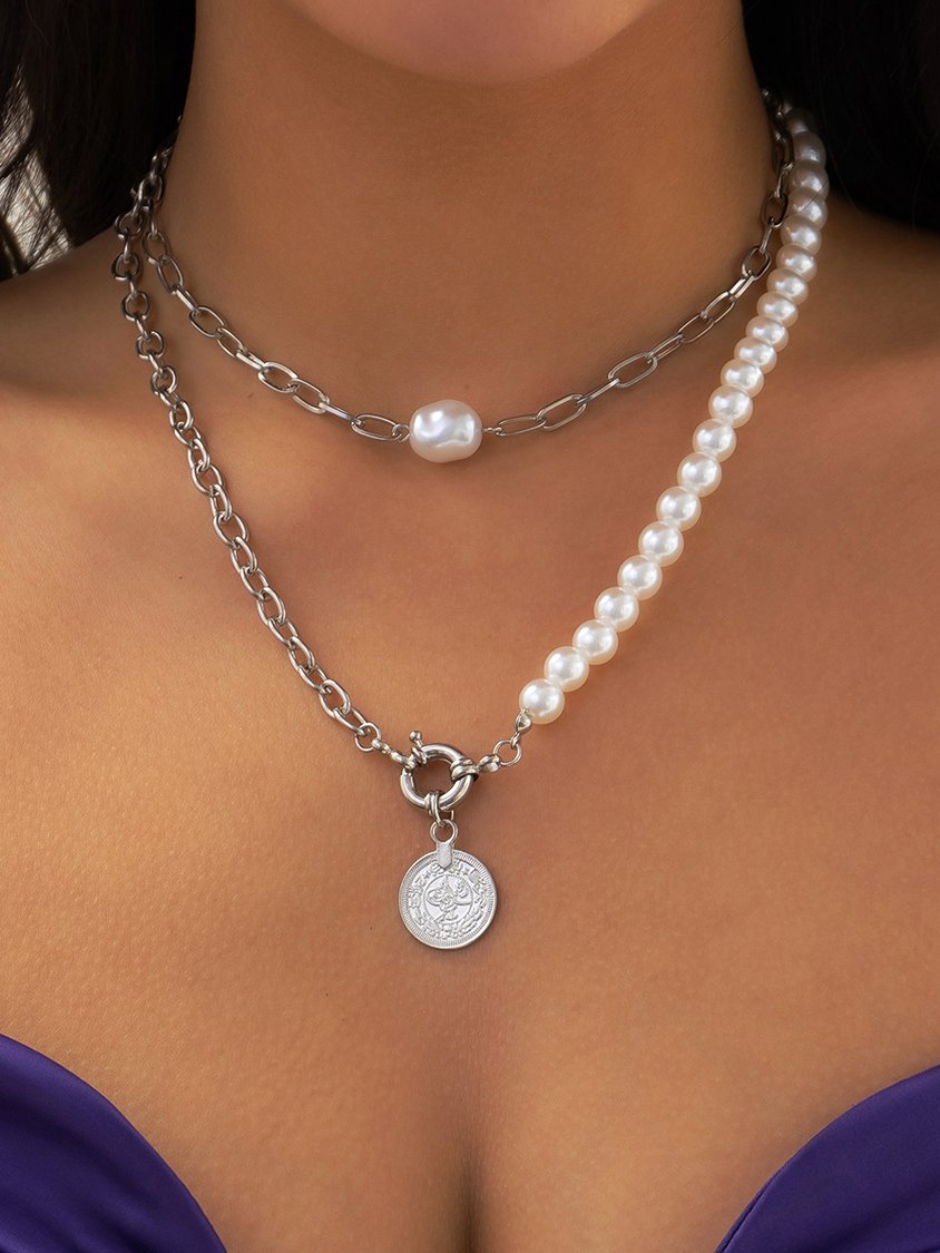 Boho Pearl Chain Coin Pattern Layered Necklace Vacation Beach Jewelry QAR52