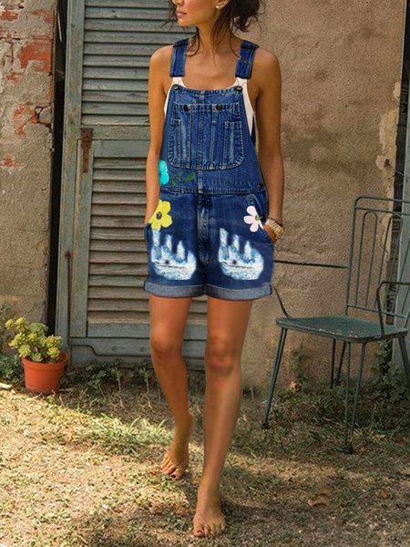 Floral Casual Jeans Sleeveless Pants Denim Overalls QAJ54