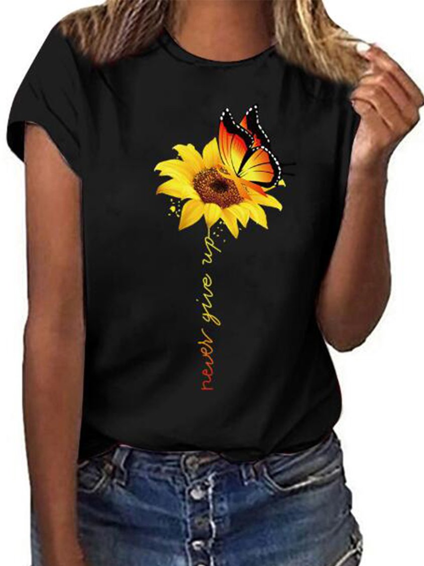 Printed Round Neck Cotton-Blend Short Sleeve shirt & Top MMq49