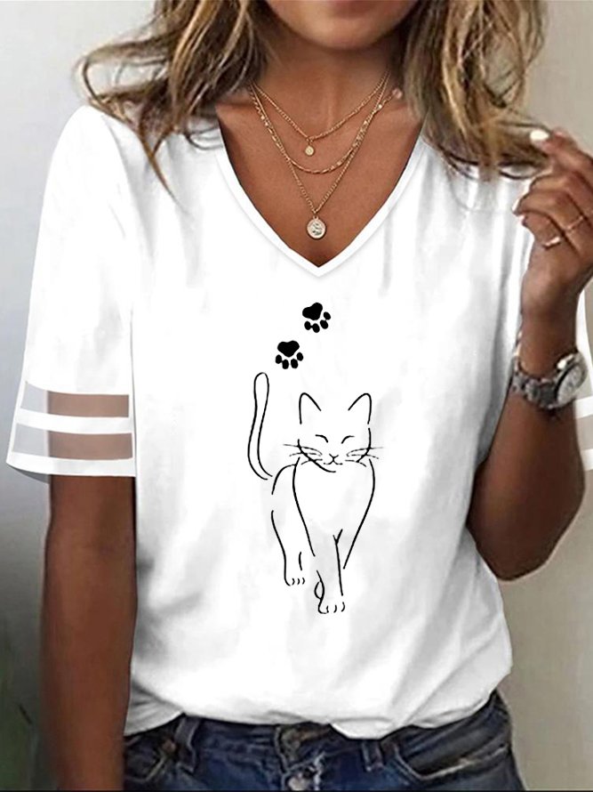V Neck Casual Loose Cat T-Shirt WS111