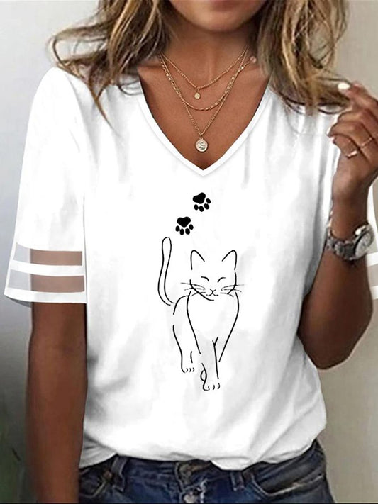 T-shirt ample décontracté à col en V avec motif chat WS111