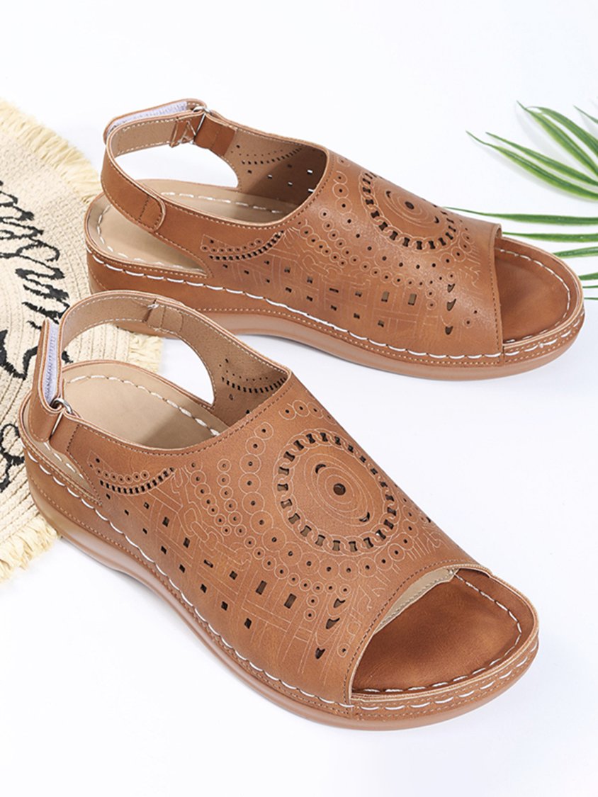 Ethnic Pattern Punched Hollow Velcro Vintage Sandals AH175
