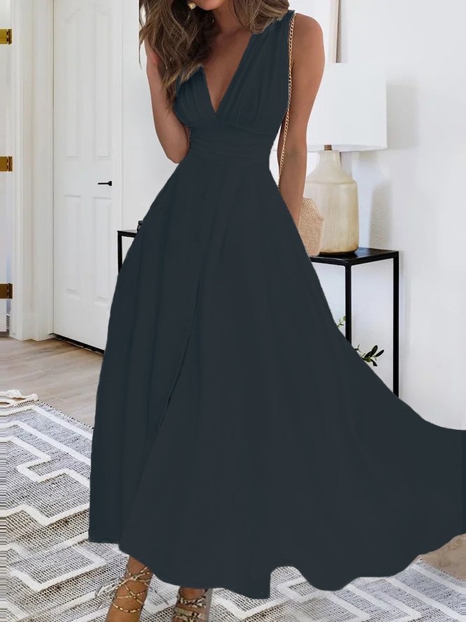 V Neck Loose Plain Elegant Dress QPQ73