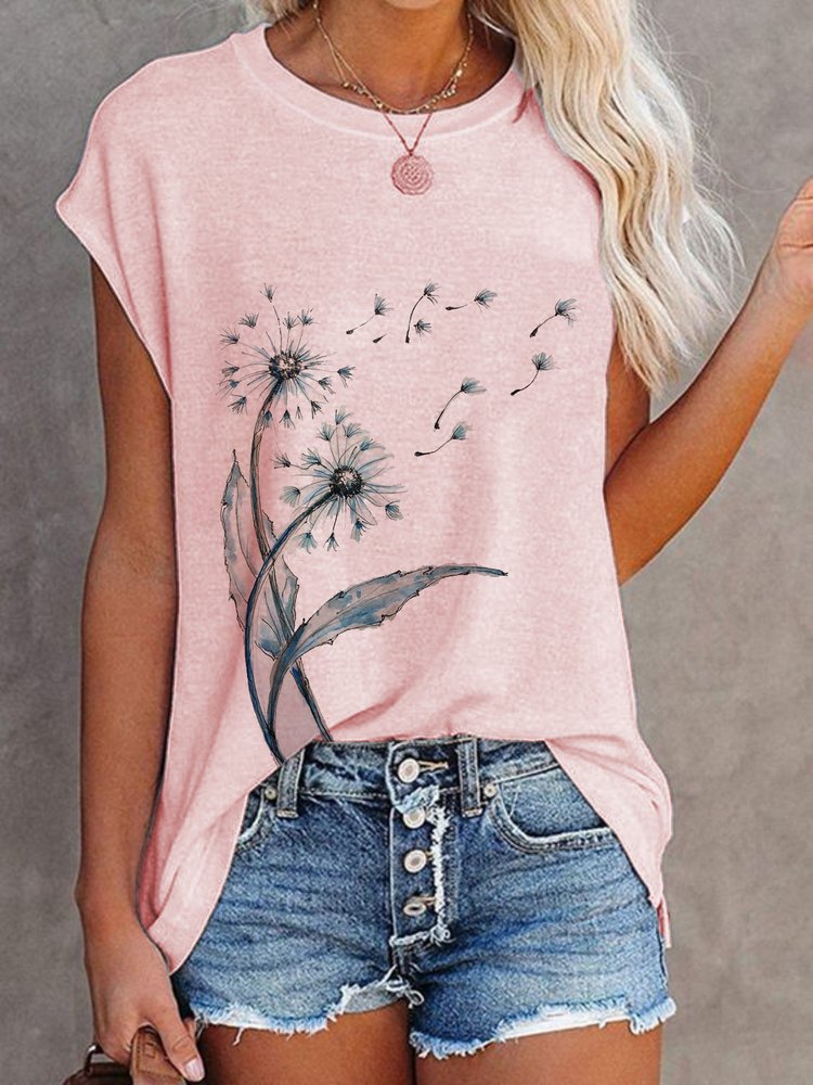 Casual Dandelion Short Sleeve Round Neck Printed Top T-Shirt WZ115
