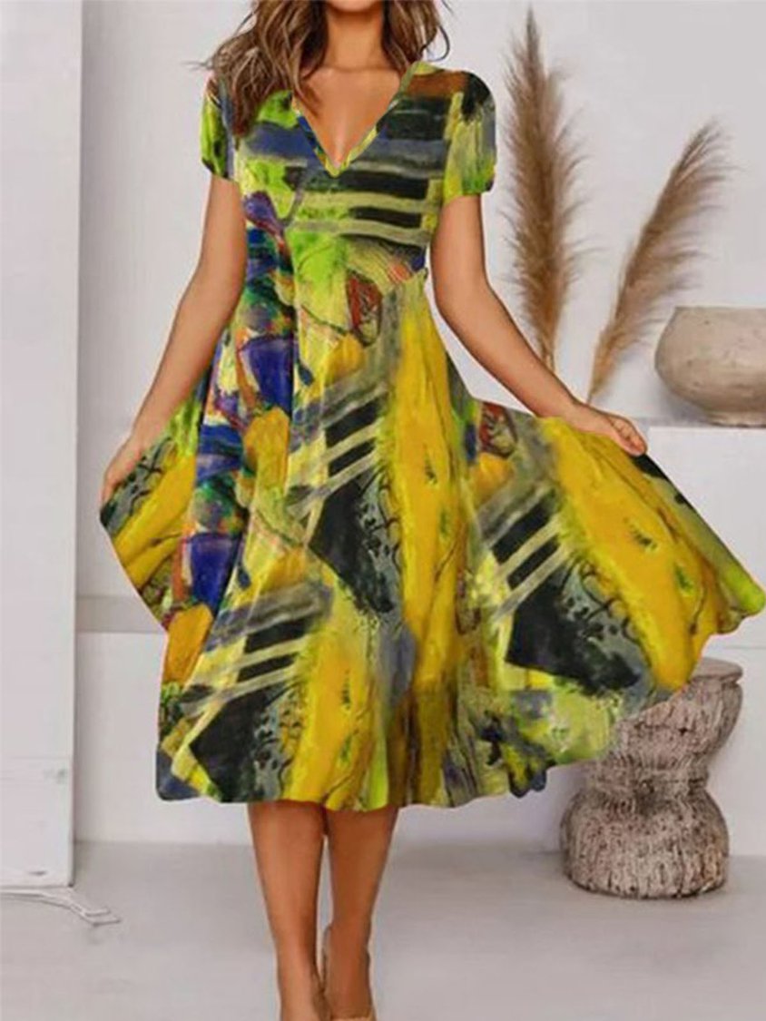 Boho Printed V Neck Floral Weaving Dress NNq18