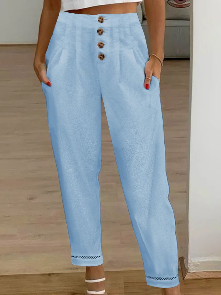 Buckle Cotton Casual Plain Patchwork lace Pants QB103