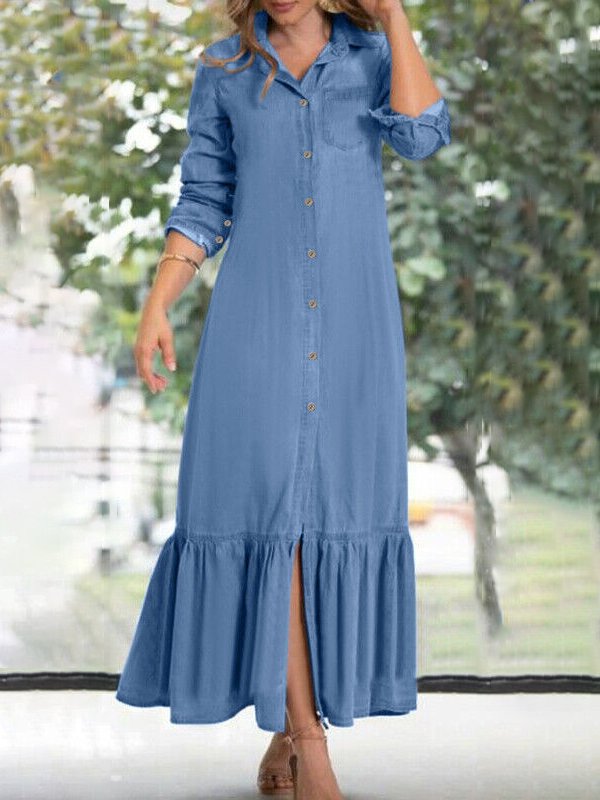 Fashion Casual Shirt Denim Dress Holiday Daily Women Clothing QZ58