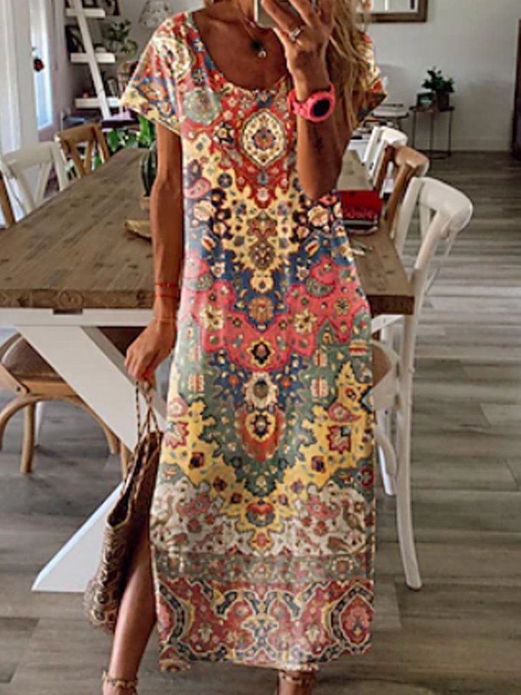 Regular Fit Casual Crew Neck Geometric Dress WC86