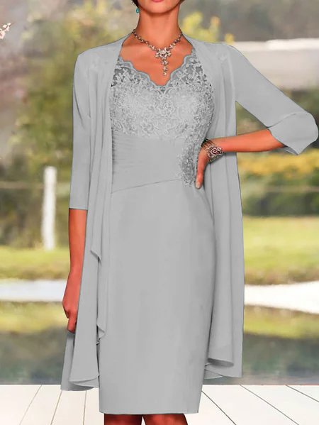 Elegant Plain Lace Stitching Vest Knitted Dress & Cardigan Two-piece Set DK1048