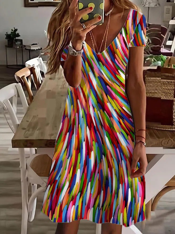 Gradient Pattern V Neck Casual Loose Dress WT90