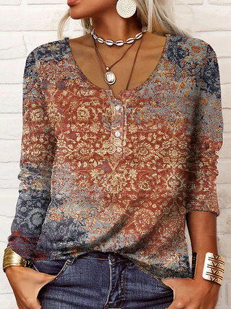 T-shirt ample à motif ethnique en mélange de coton pour femme AT10017