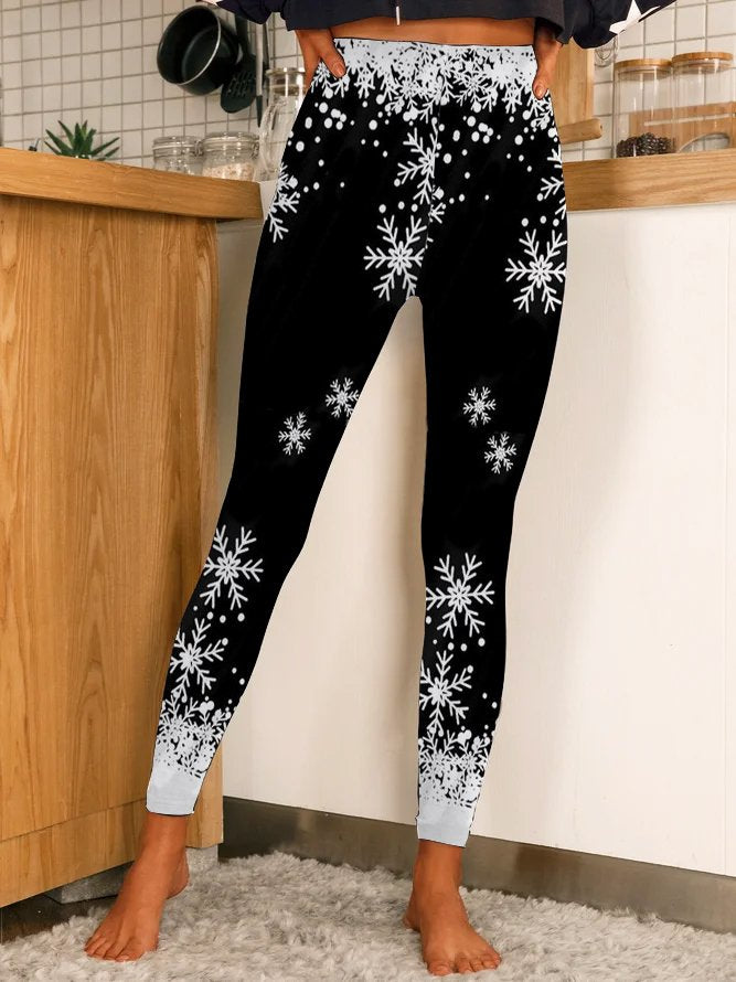 Women Christmas Snowflake Cotton Blends Pants Leggings WD103