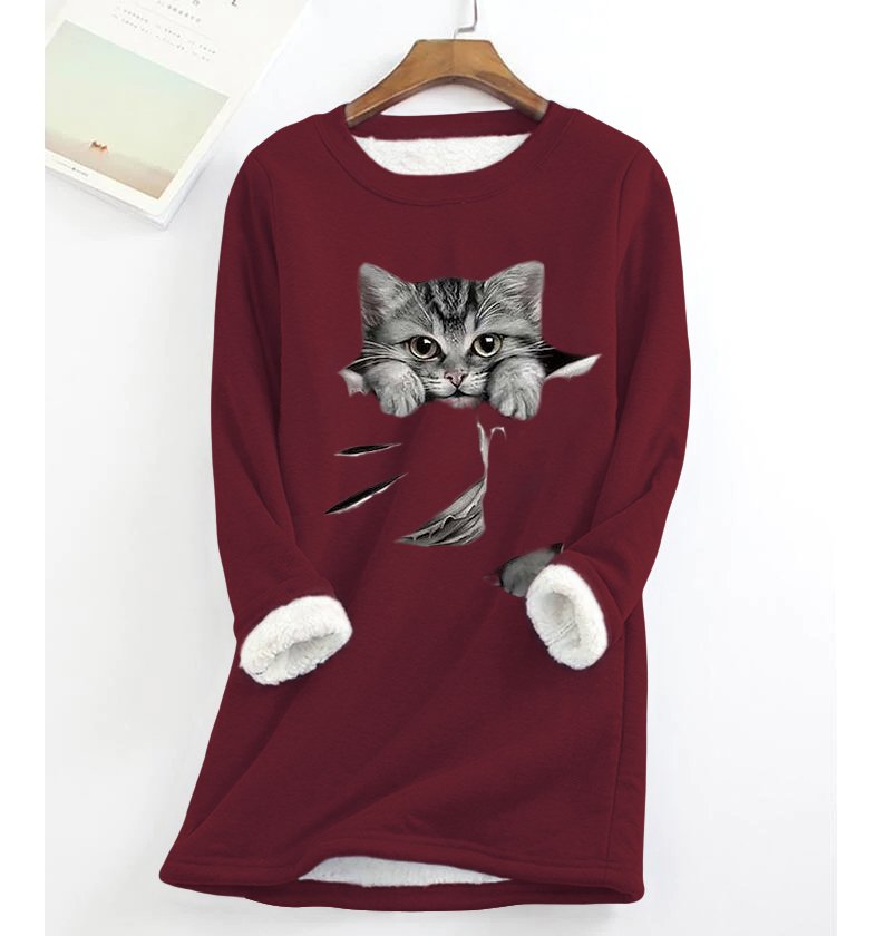Graues, warmes Fleece-Sweatshirt mit Katzenmotiv GA58