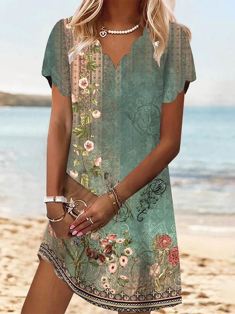 V Neck Ethnic Loose Casual Dress WT97