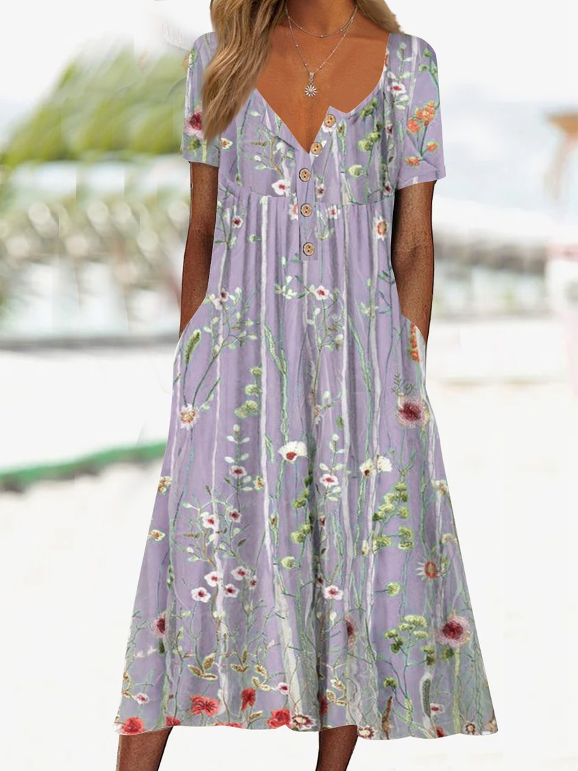 Gradient Flower Loose Long Dress Half Open Button Pocket Dress AH314