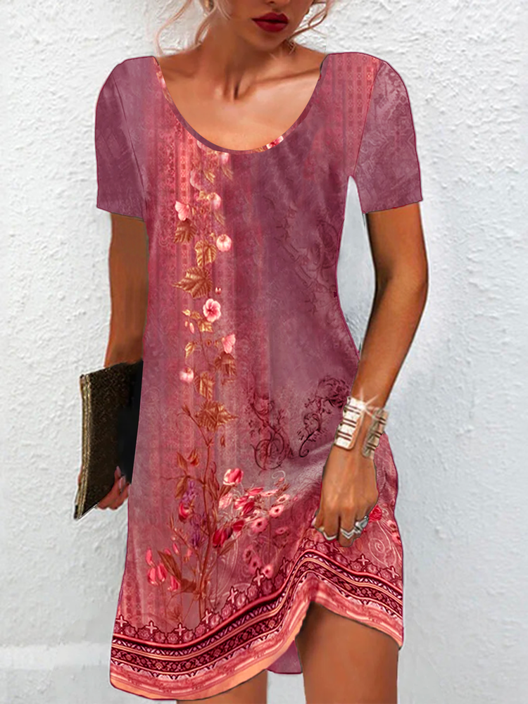 Crew Neck Loose Floral Casual Dress QU67