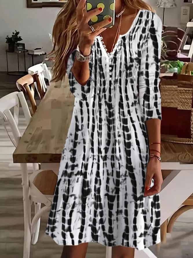V Neck Geometric Casual Autumn Natural Daily A-Line Dress QPQ104