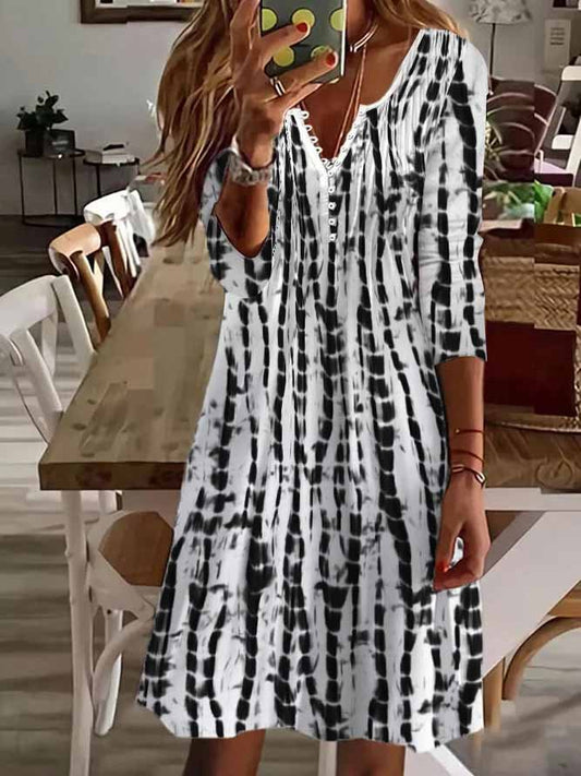 V Neck Geometric Casual Autumn Natural Daily A-Line Dress  QPQ104