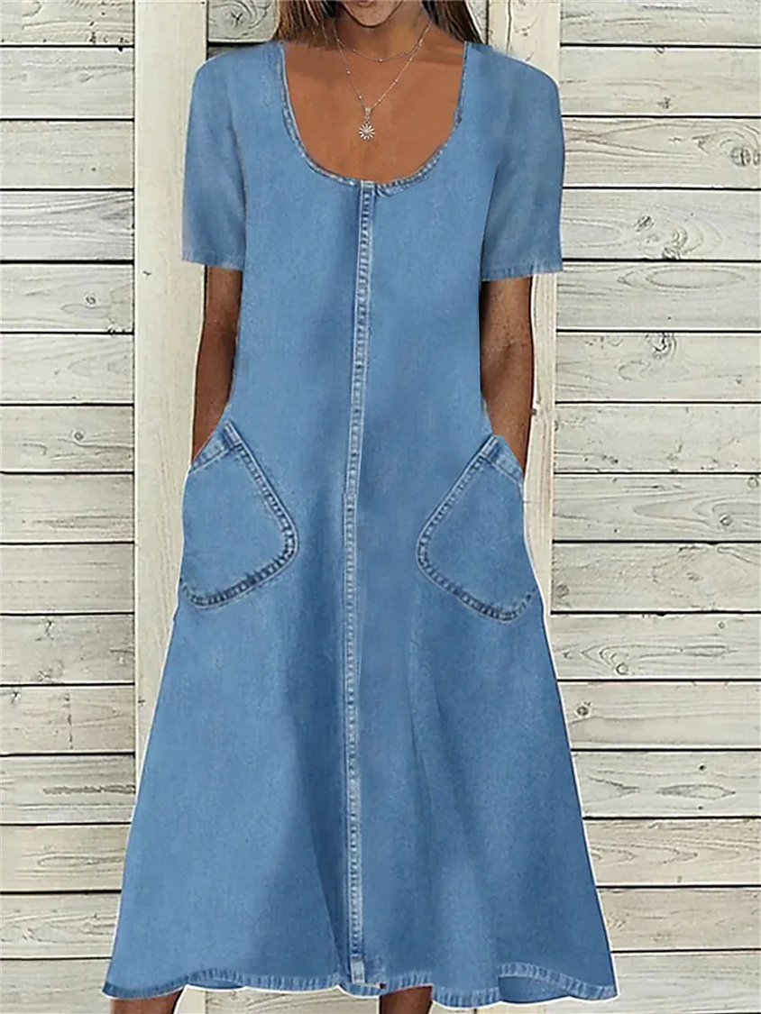 Women's Denim Dress Casual Dress Midi Dress Denim Casual Classic Outdoor Daily Vacation U Neck Pocket Short Sleeve Summer Spring Fall AH516