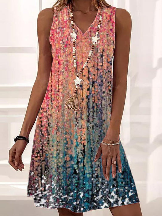 Lockeres Ombre V-Ausschnitt Freizeitkleid MMu7